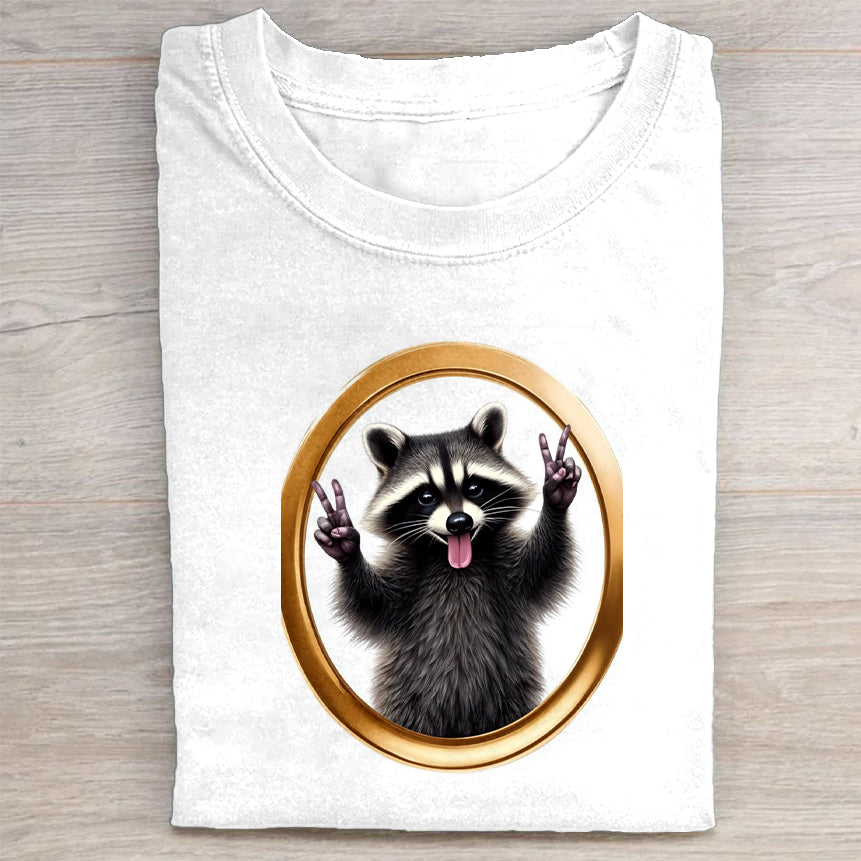 Round Neck White T-Shirt with Raccoon in Gold Frame Print for Casual Wear