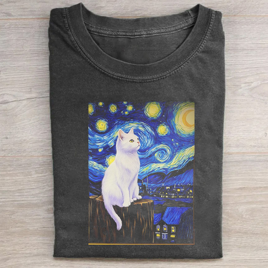 Short Sleeve T-Shirt Black Van Gogh Cat Art Print for Casual Wear