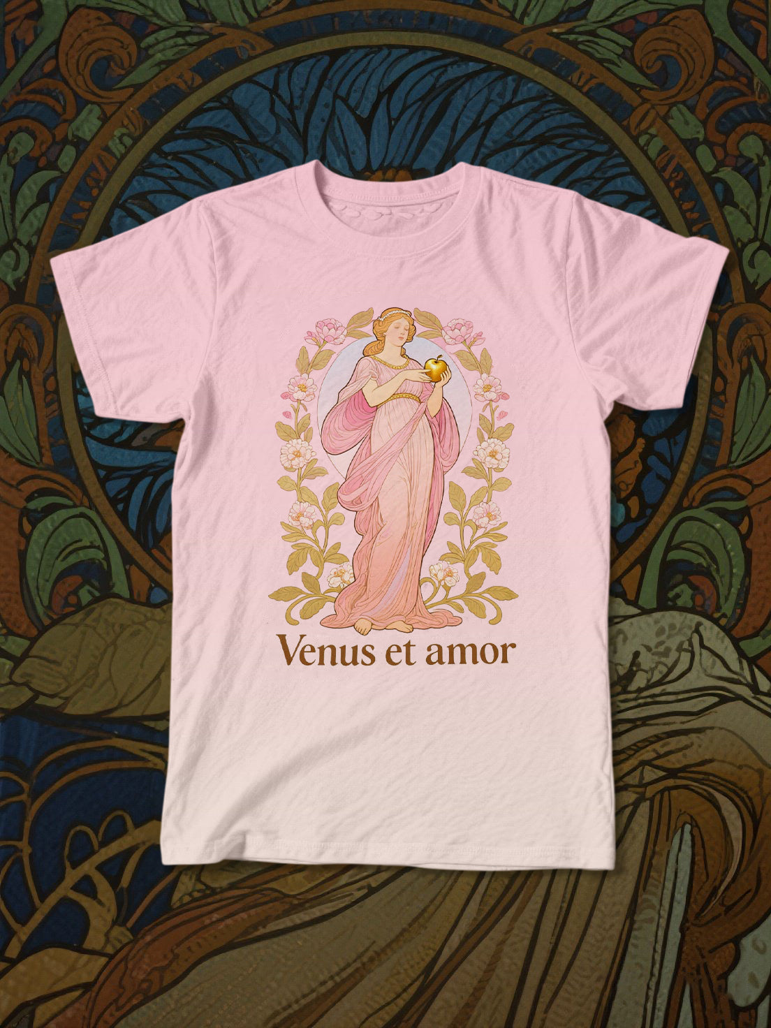 Venus and Amor Art Nouveau Print on Pink T-Shirt