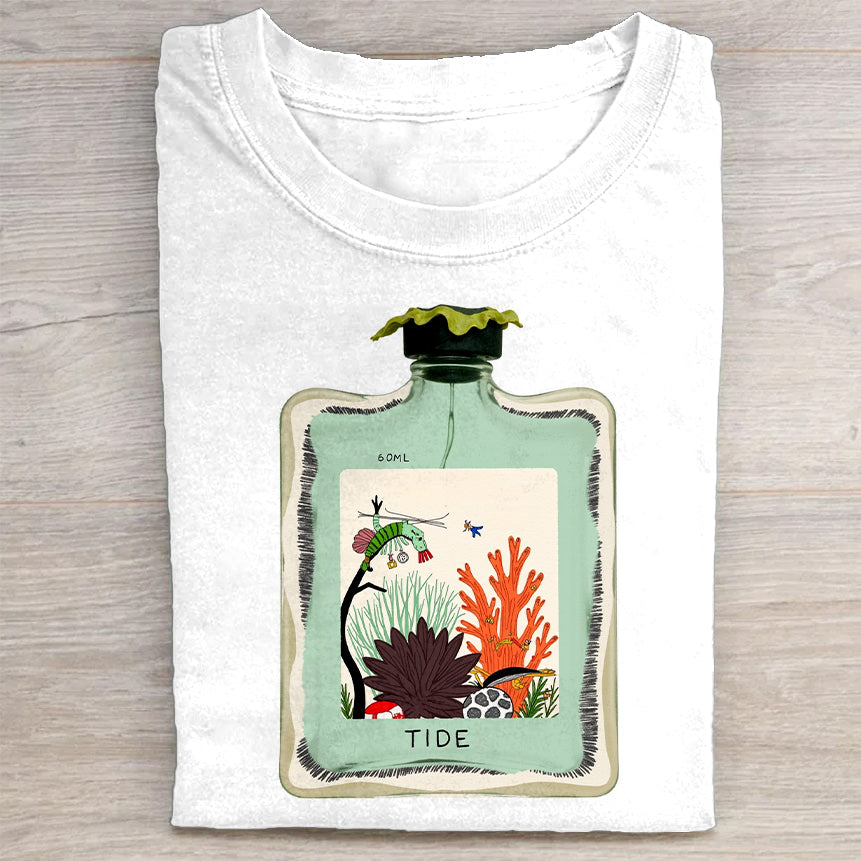 Ocean Tide Bottle Graphic Design White T-Shirt