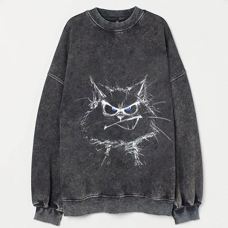 Angry Cat Sketch Print Crewneck Sweatshirt