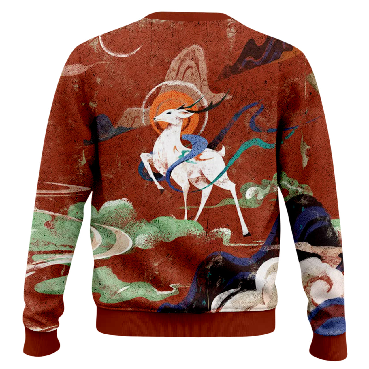 Dunhuang Art Mythical Deer and Clouds Print Sweater
