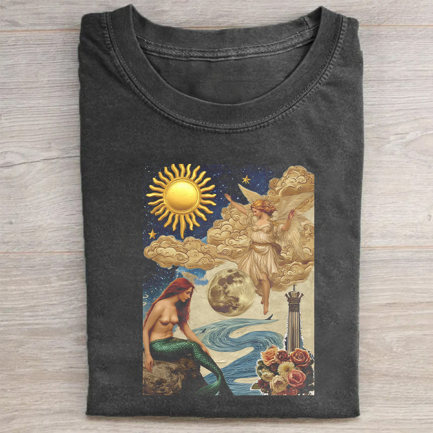 Mermaid and Sun Vintage Art Graphic T-Shirt