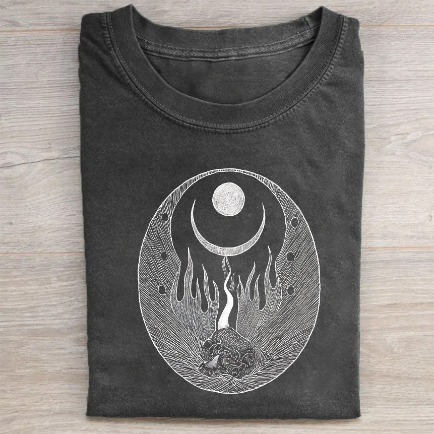 Black Graphic T-Shirt with Crescent Moon and Hedgehog Design