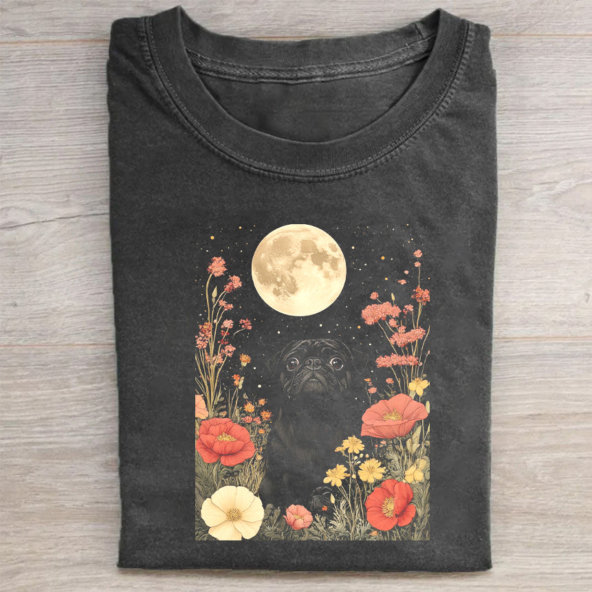 Black Labrador with Flowers and Moon Graphic T-Shirt
