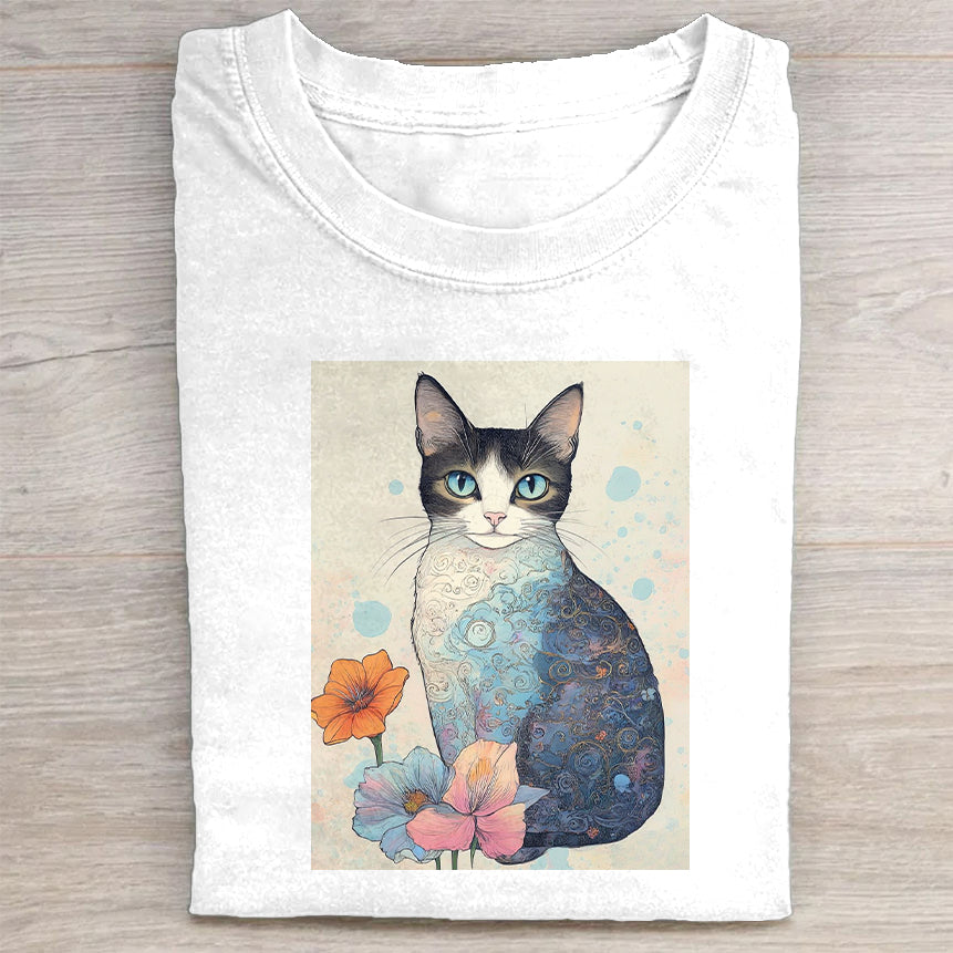 Cute Cat with Flowers Graphic T-Shirt