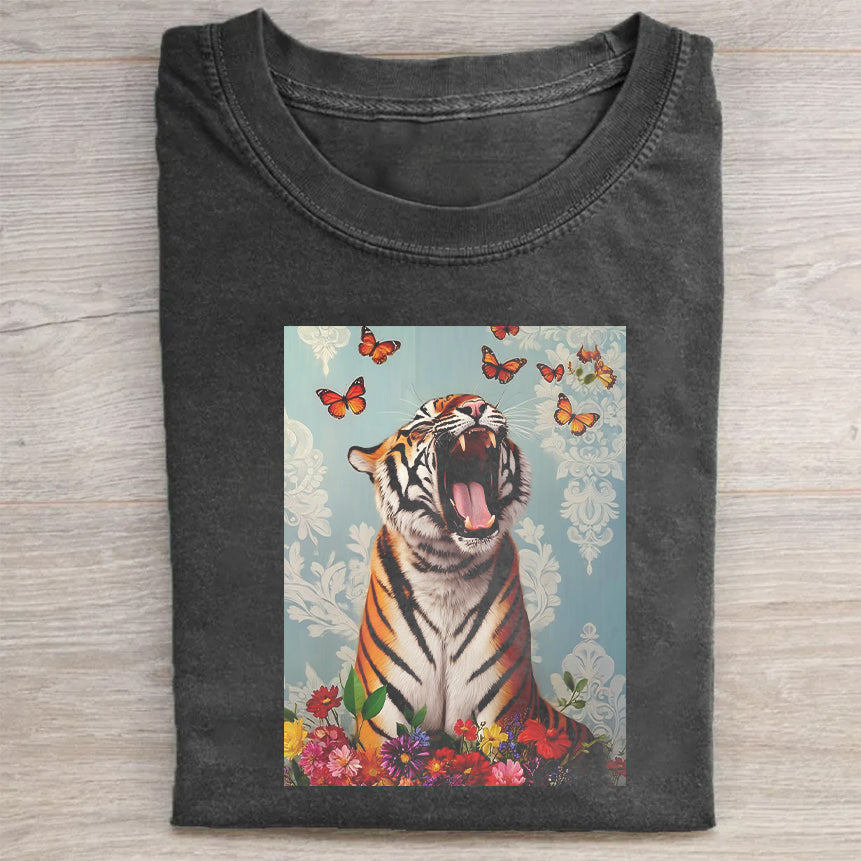 Tiger Roaring with Butterflies and Flowers Graphic T-Shirt