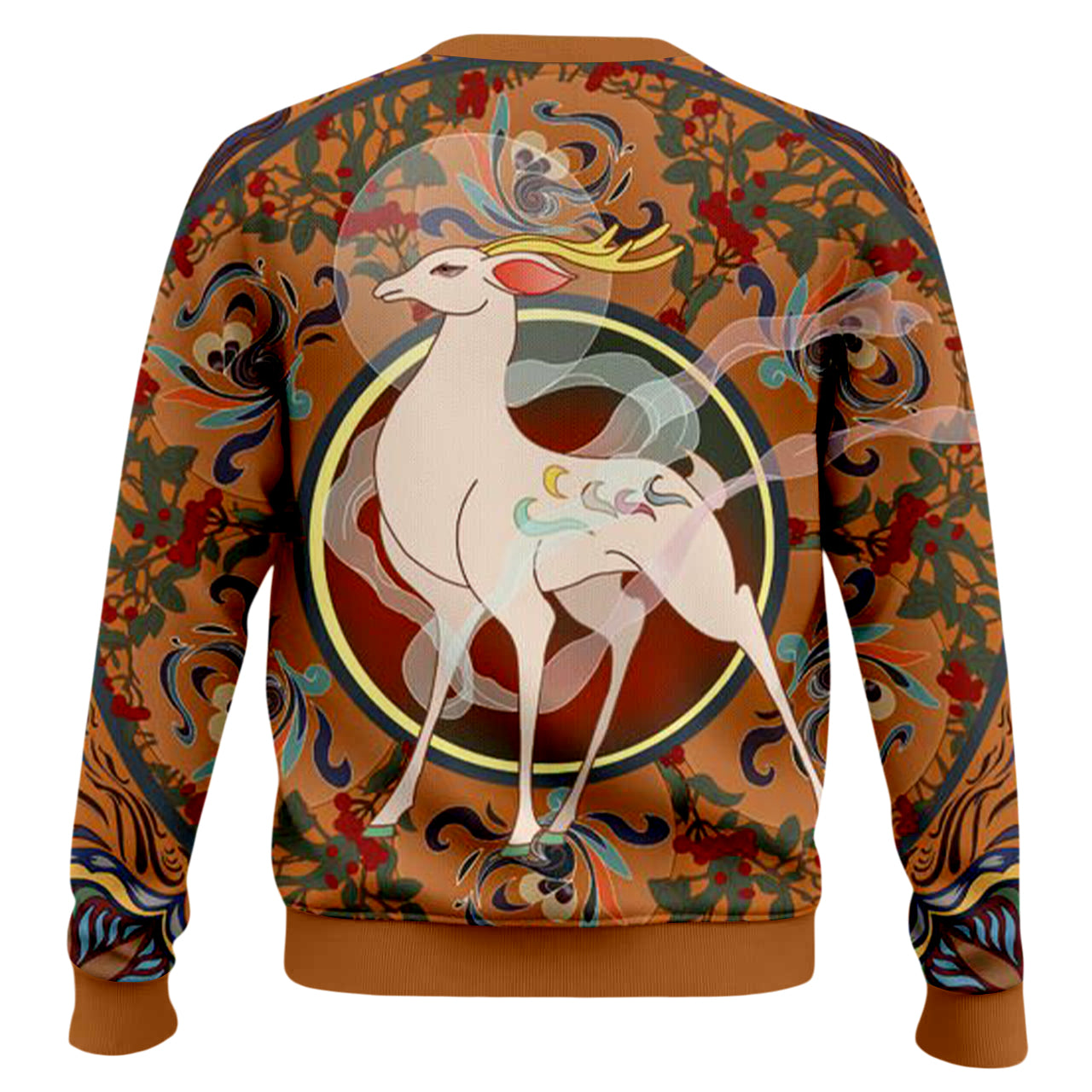 Dunhuang Art Mythical Unicorn and Peacock Floral Print Crewneck Sweater