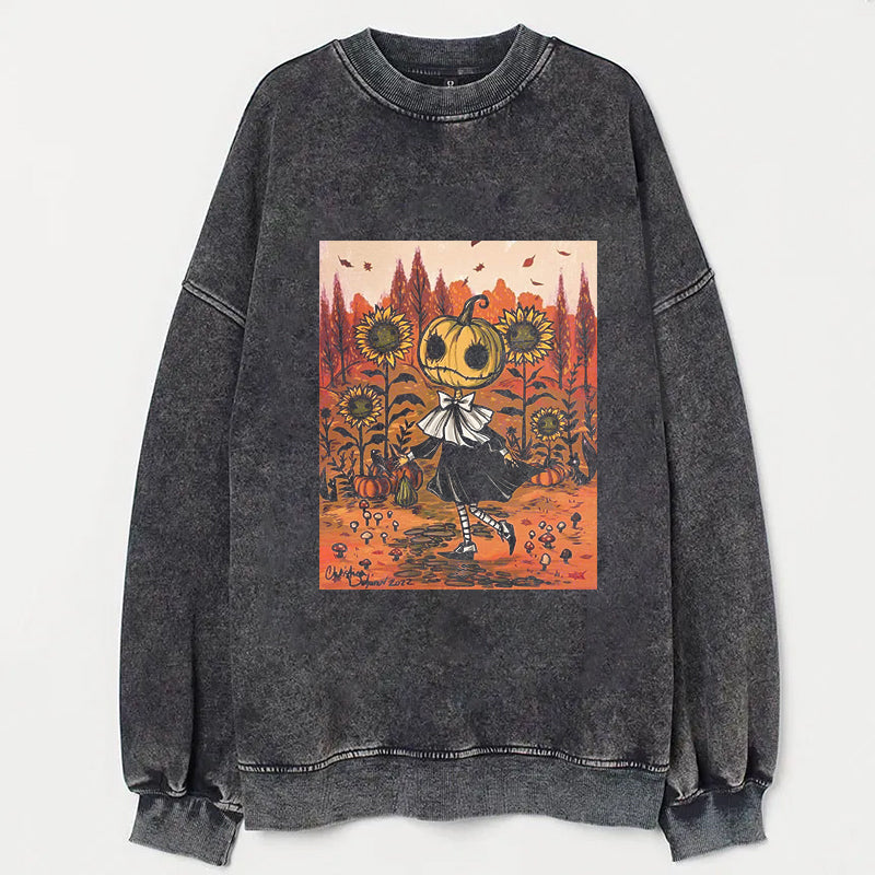 Pumpkin Head Sunflower Field Halloween Art Print T-Shirt