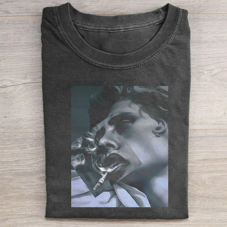 Vintage Washed Black T-Shirt with Abstract Art Print Women's Fashion Graphic Tee