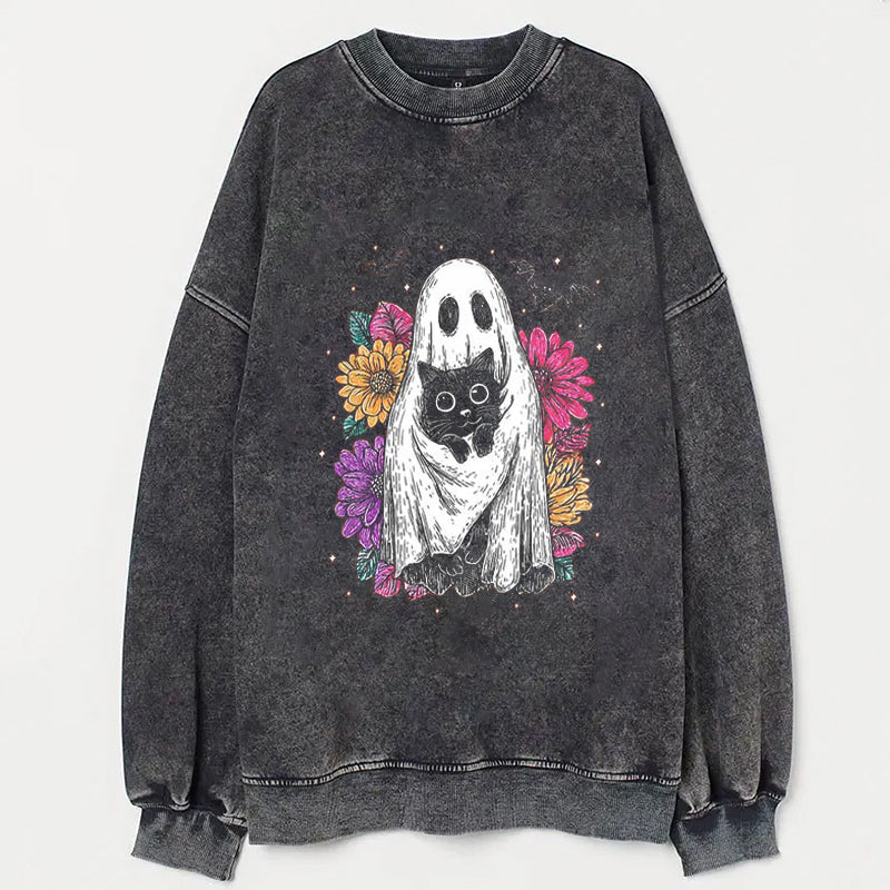 Cute Ghost Holding Black Cat with Floral Background Graphic T-Shirt