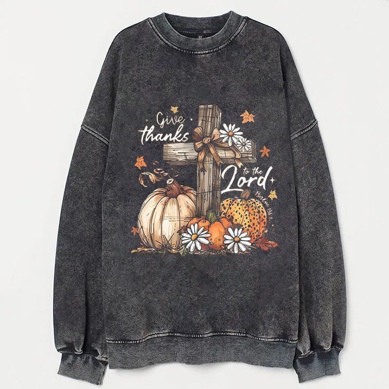 Give Thanks to the Lord Cross Pumpkin Floral Print T-Shirt