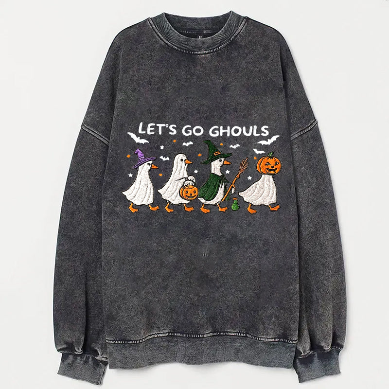 Let's Go Ghouls Halloween Ghosts and Pumpkin Graphic Print T-Shirt