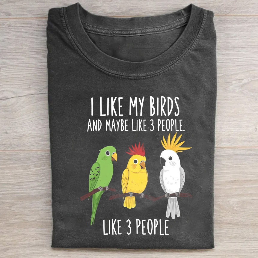 Short Sleeve Black T-Shirt with I Like My Birds and Maybe Like 3 People Print - Casual Wear for Bird Lovers