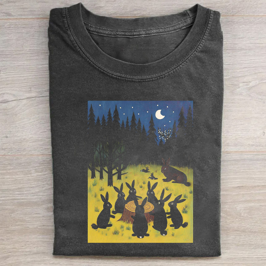 Rabbit Gathering Forest Night Scene Graphic T-Shirt