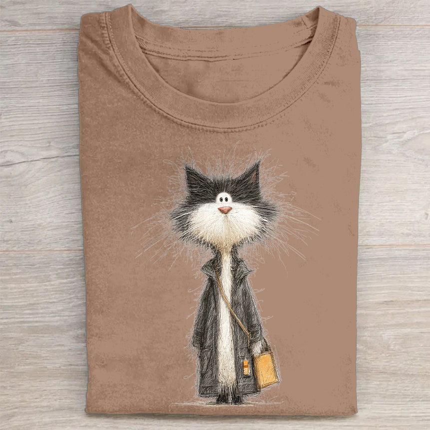 Furry Cat with Briefcase Graphic Print T-Shirt