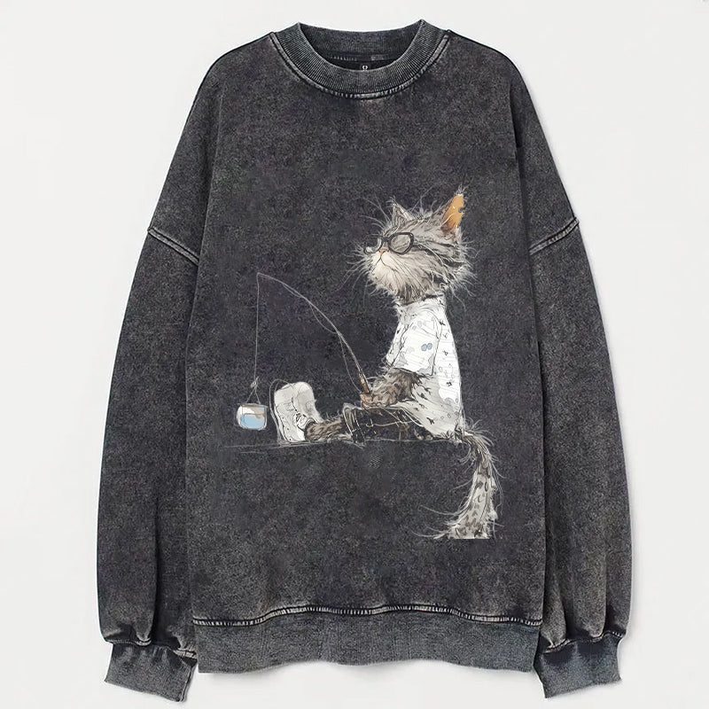 Vintage Cat with Glasses Print Casual Sweatshirt