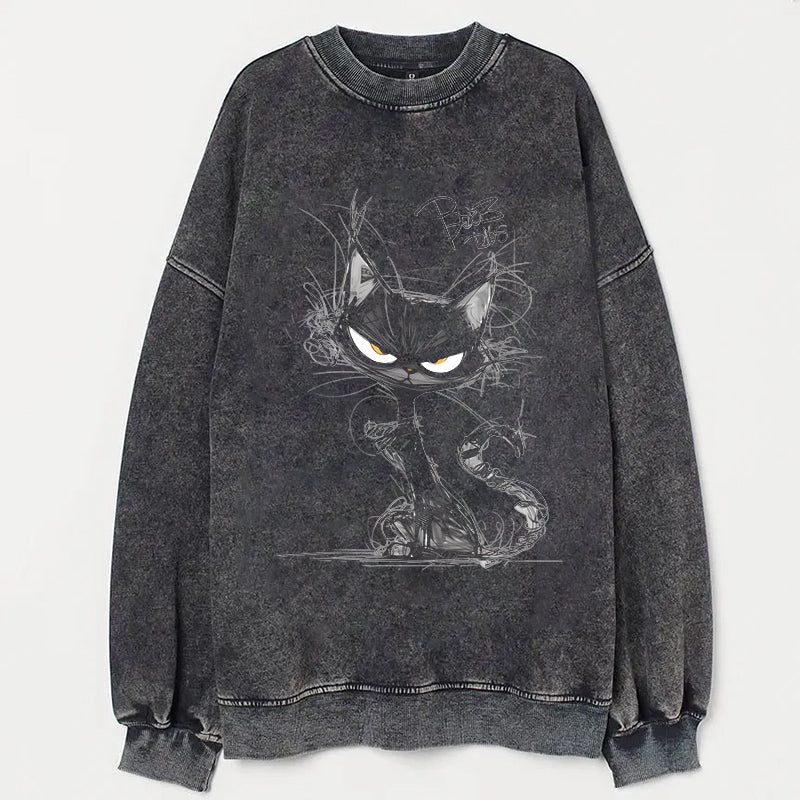 Mysterious Cat Graphic Print Faded Black Sweatshirt
