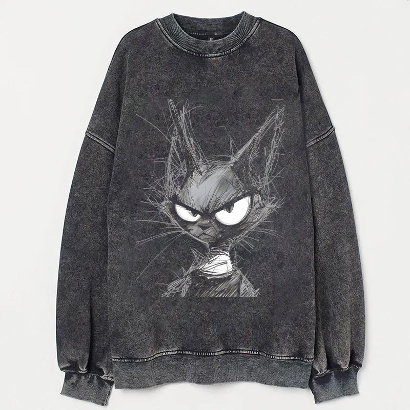 Angry Cat Graphic Print Faded Black Sweatshirt