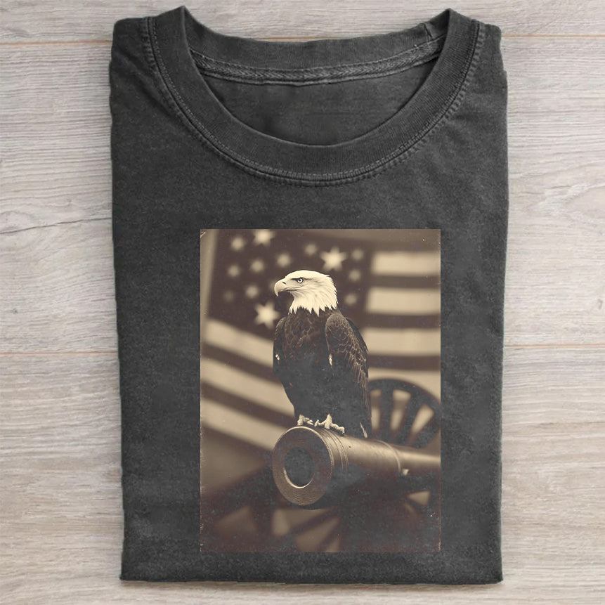 Vintage Crew Neck T-Shirt Black Eagle on Cannon with American Flag Print Casual Wear