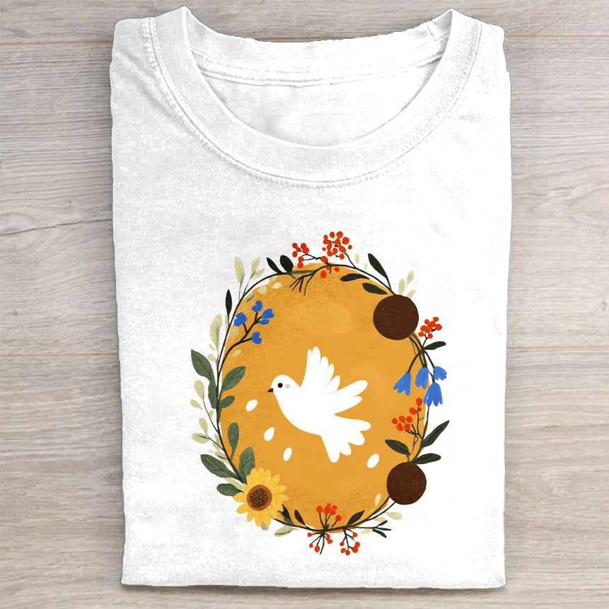 White T-Shirt with Floral and Bird Graphic Design
