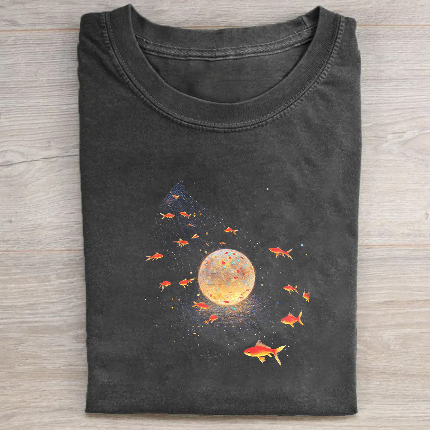 Black Graphic T-Shirt with Moon and Fish Print