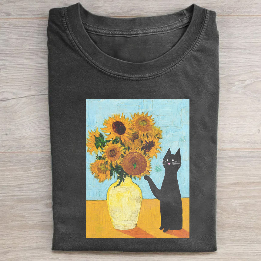 Classic Crew Neck T-Shirt Black Sunflowers & Cat Art Print for Casual Wear