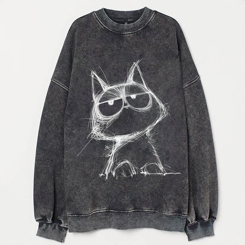 Cute Cat Sketch Print Casual Sweatshirt