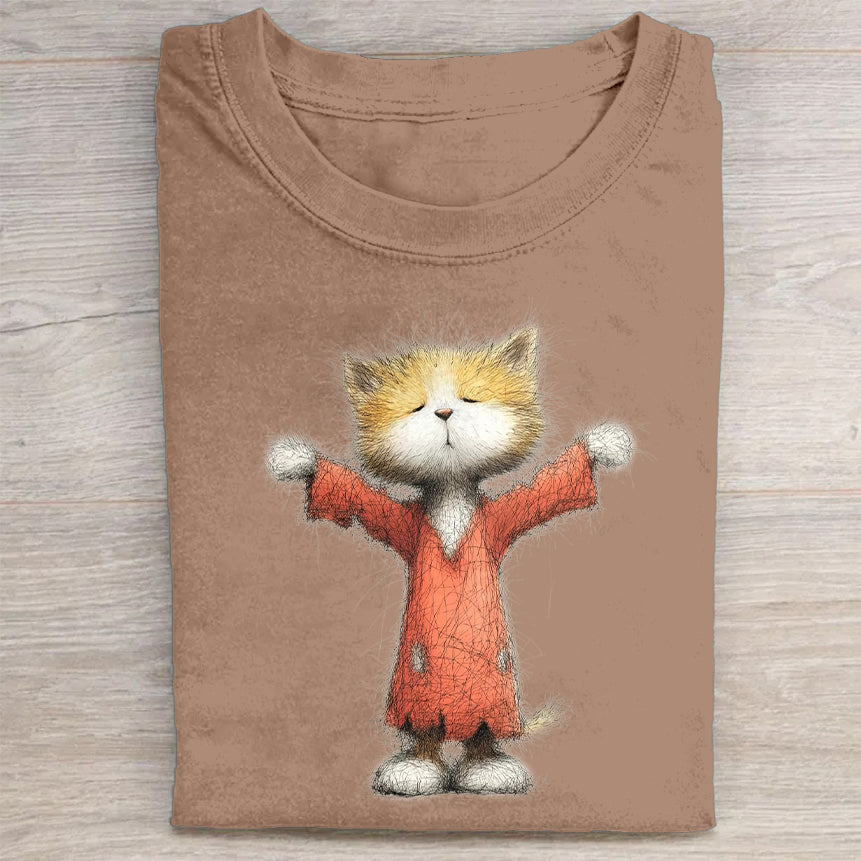 Cute Cat in Red Sweater Graphic Print T-Shirt