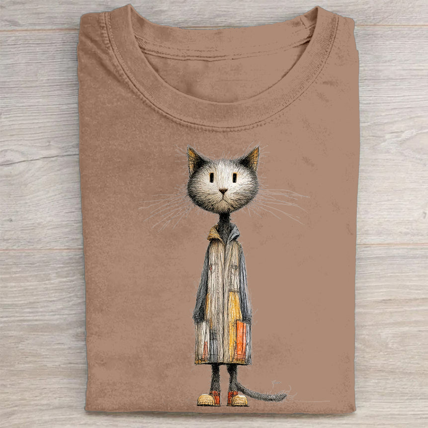 Chic Cat in Coat with Briefcase Graphic Print T-Shirt