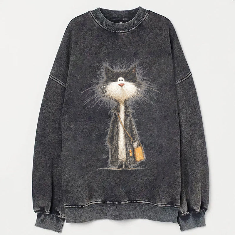 Furry Cat with Briefcase Graphic Print Sweatshirt