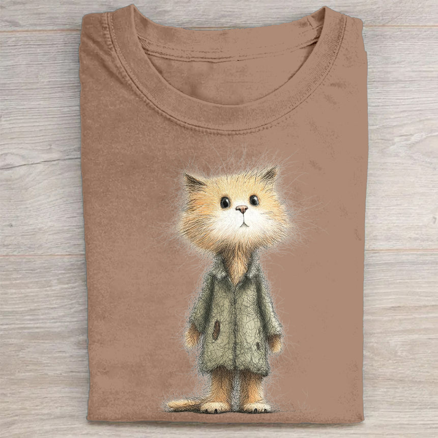 Cute Cat in Coat Graphic Print Casual T-Shirt
