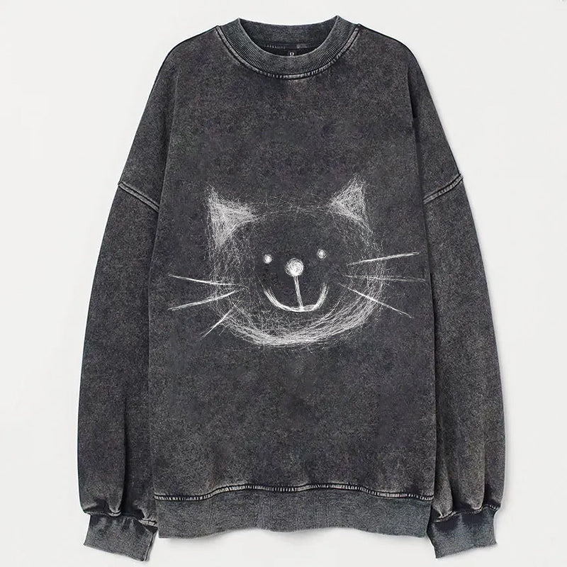 Chalk Cat Face Graphic Print Sweatshirt