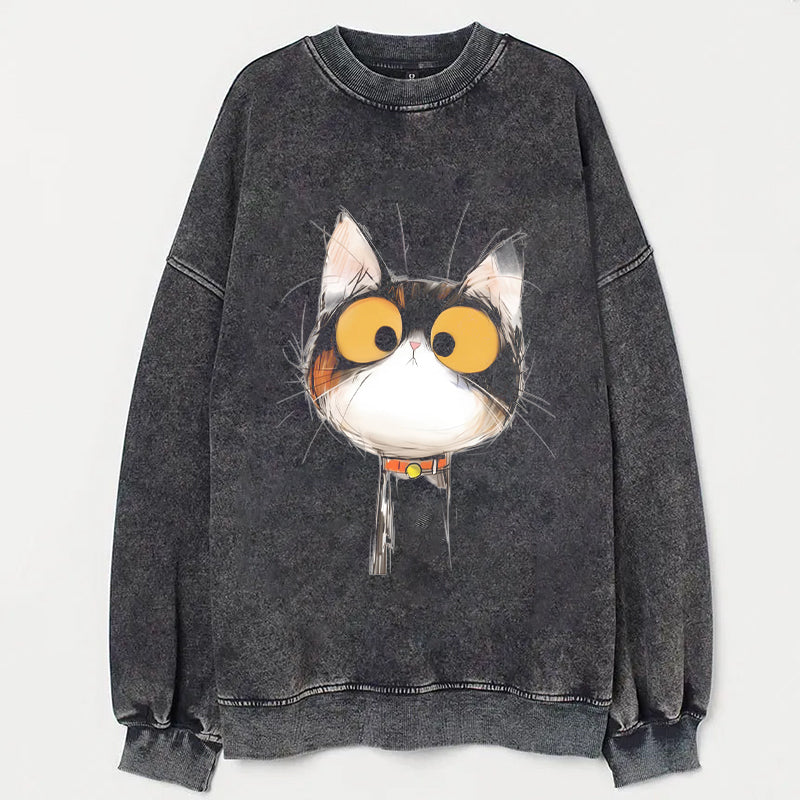 Cute Cat with Big Eyes and Colorful Collar Graphic Print Sweatshirt