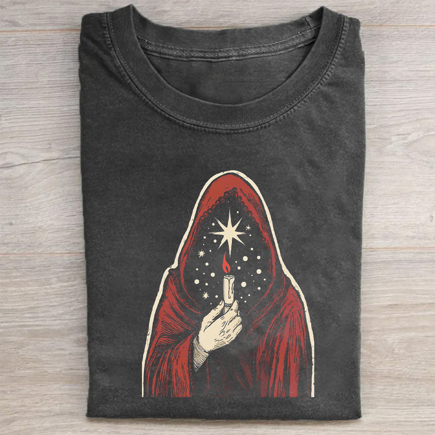 Mystic Hooded Figure Graphic T-Shirt for Men Women Unisex Casual Cotton Tee Shirt with Unique Art Design T-Shirt