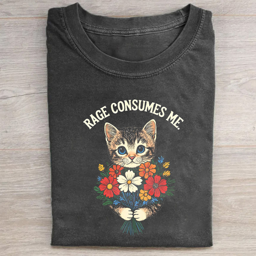 Rage Consumes Me Cat with Flowers Graphic T-Shirt