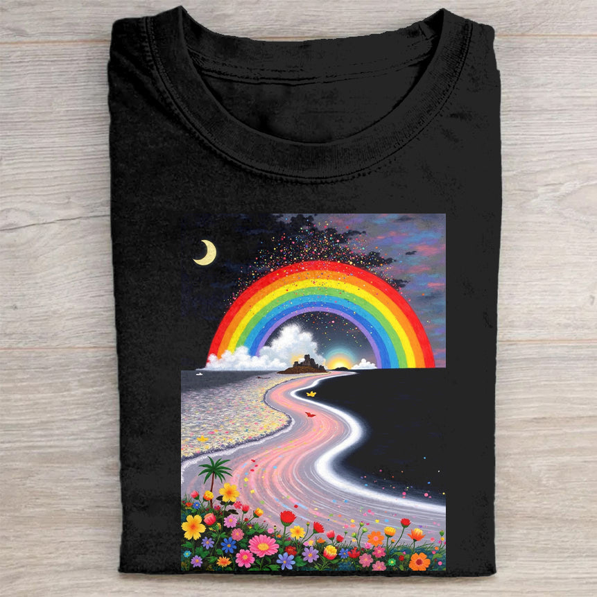Colorful Rainbow and Flower Print Black T-Shirt