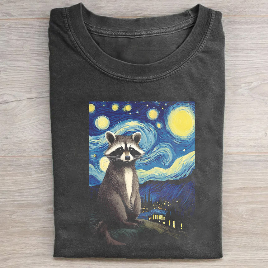 Short Sleeve Black T-Shirt with Raccoon Starry Night Print for Casual Wear