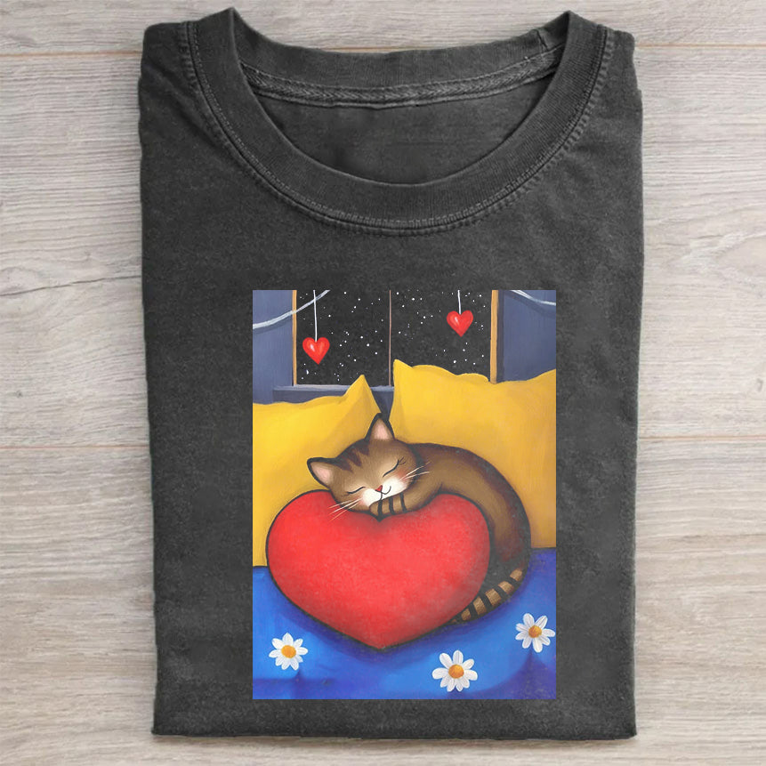 Crew Neck Black T-Shirt with Cat on Heart Print for Casual Wear