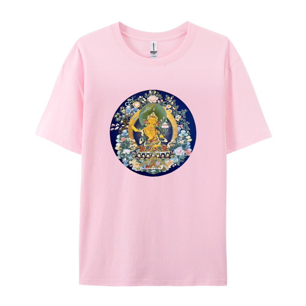 Buddhist Thangka Art T-Shirt  Golden Buddha Design  Spiritual Meditation Clothing  Unique Tibetan Mandala Graphic Tee  Unisex Casual Wear  Comfortable Cotton Material  Ideal for Yoga and Mindfulness Practitioners