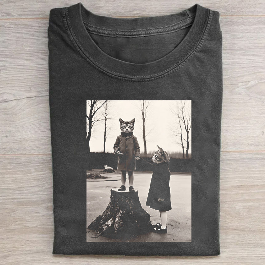 Vintage Black T-Shirt with Cat and Girl Graphic
