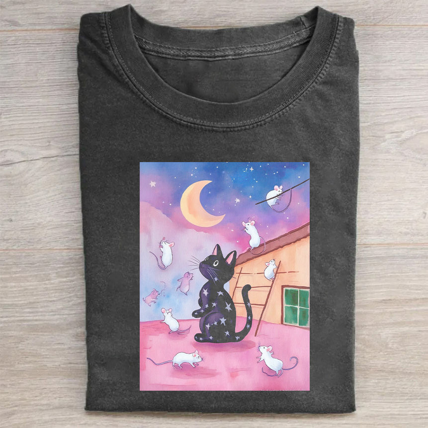 Black Cat Dreamy Sky Graphic T-Shirt