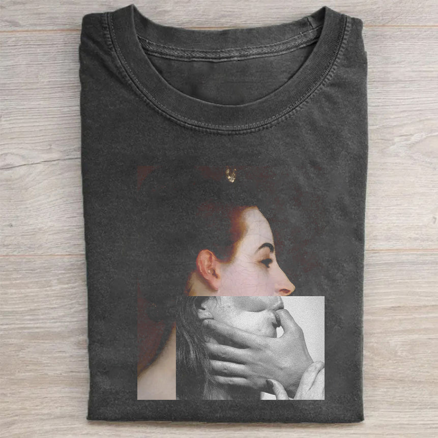 Vintage Washed Black T-Shirt with Unique Art Print Design for Women Men Unisex Fashion Casual Tee