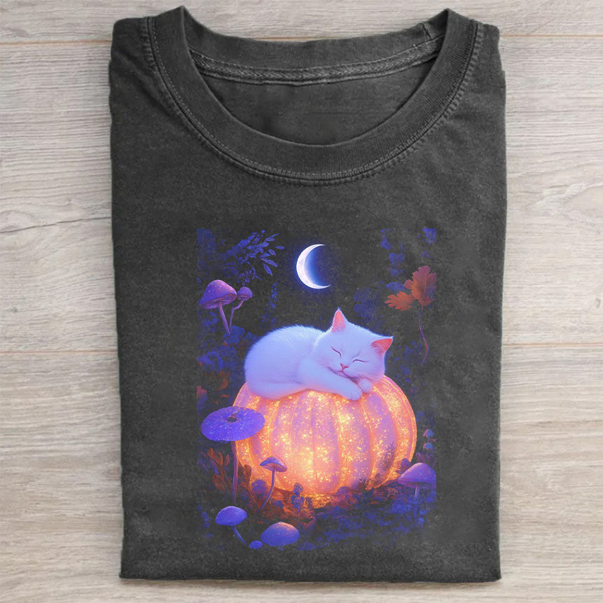 Cute Cat on Pumpkin Halloween Graphic T-Shirt