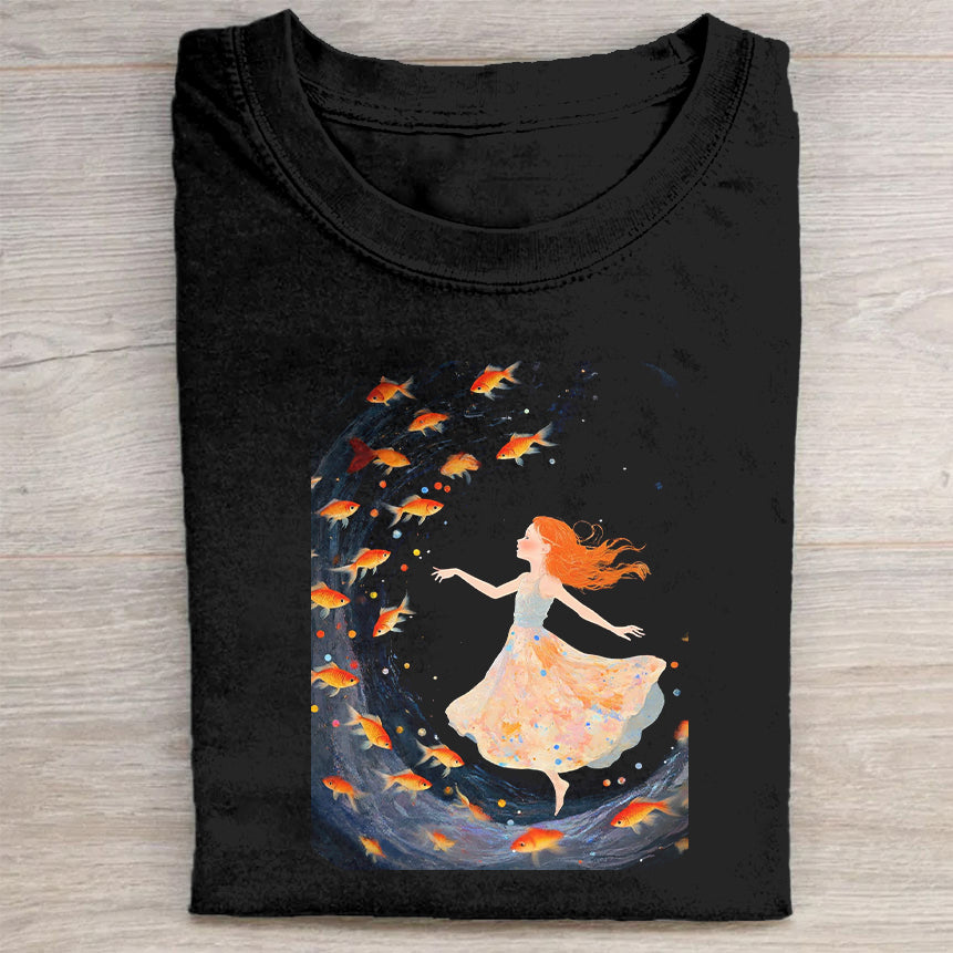 Black T-Shirt with Girl and Leaves Graphic Design - Unique Art Print T-Shirt