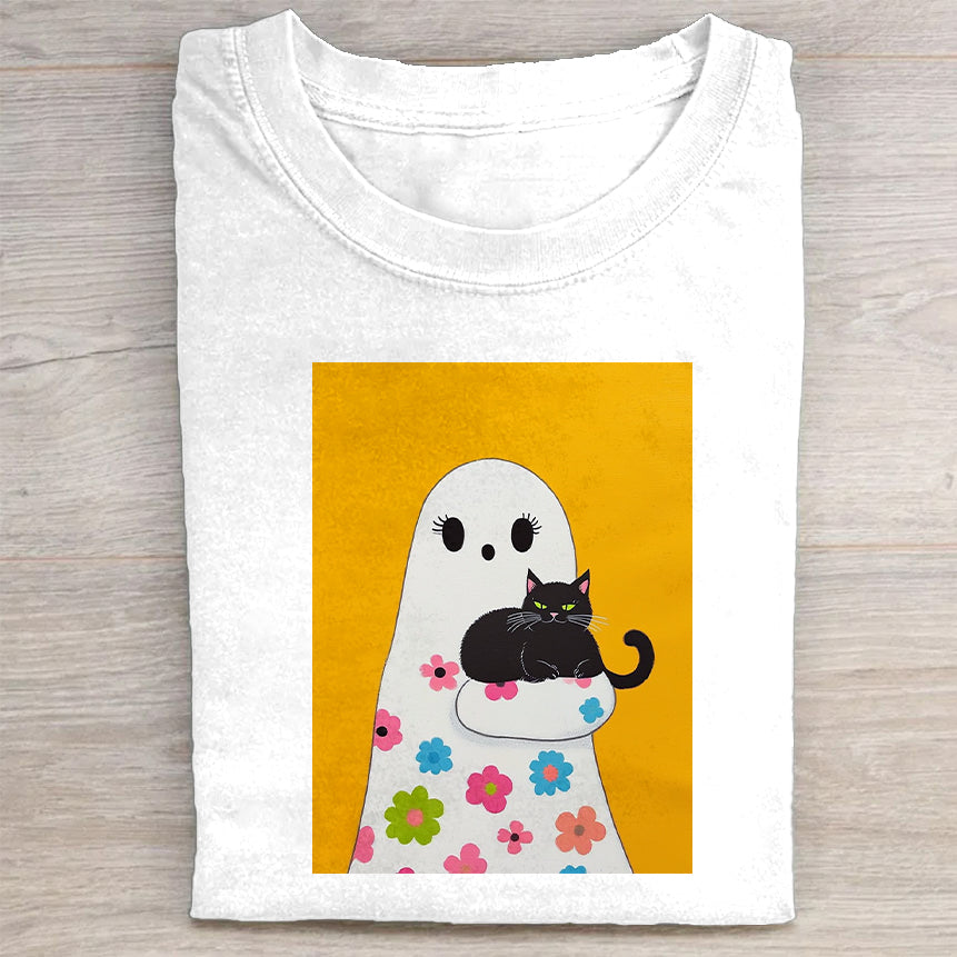 Cute Ghost and Black Cat Graphic T-Shirt