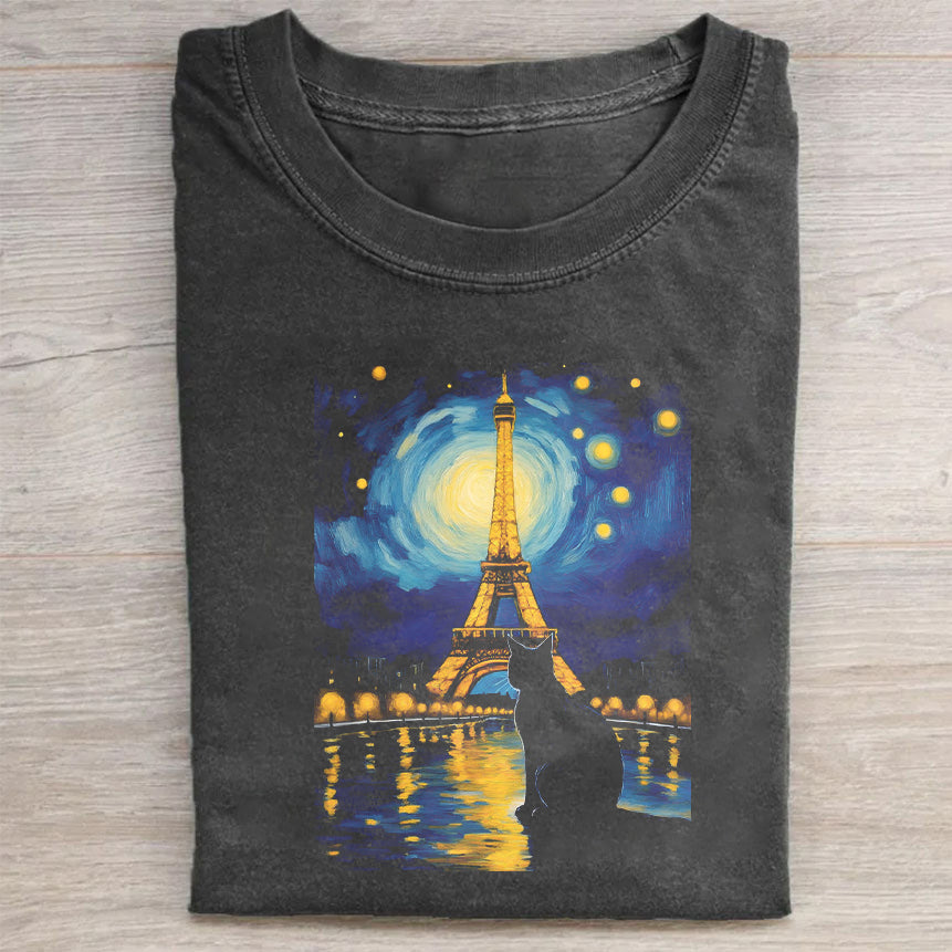 Eiffel Tower Starry Night Art Print Men's Fashion Casual Short Sleeve T-Shirt