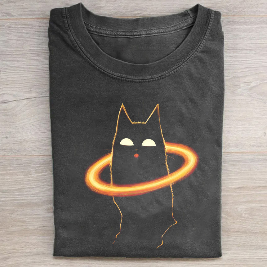 Glowing Cat Design Graphic T-Shirt for Men Women Unisex Casual Short Sleeve Tee Shirt with Unique Neon Halo Print T-Shirt