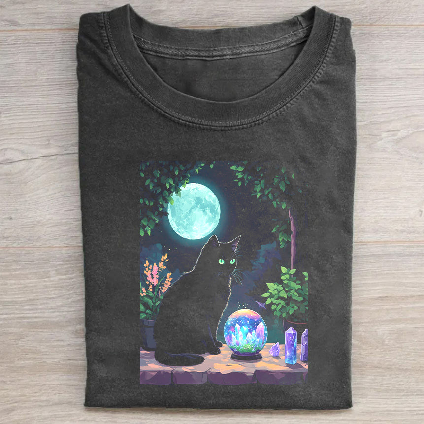 Mystical Cat Moonlight Forest Graphic T-Shirt