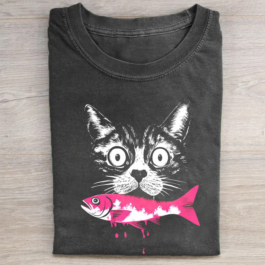 Cute Cat with Fish Graphic T-Shirt